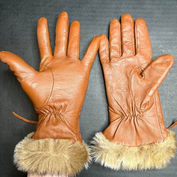 Vintage Lauren Ralph Lauren Leather Gloves Medium Brown Faux Fur Fleece Lined - Picture 5 of 10